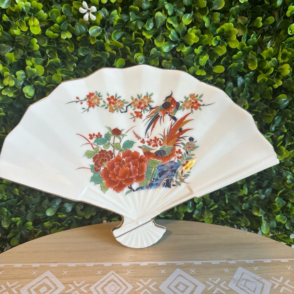 Fan-Shaped Peacock Trinket Dish Decorative Plate 10" Japan Gold Trim Off-White